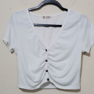 White Ribbed Button Detail Short Sleeve Top Large